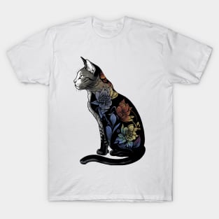 Vibrant Lotus Cat - Black and White Feline with Colorful Flower Design T-Shirt